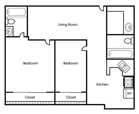 A floor plan of a home with a living room, two bedrooms, a kitchen, and two closets.